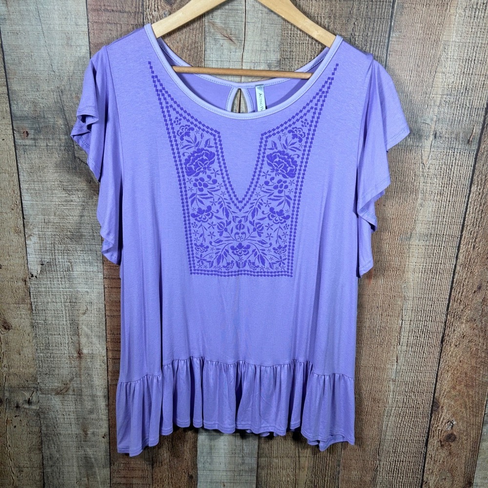 Acting Pro Purple Floral Ruffle Hem Flutter Sleeve Boho Peasant Top XL Summer